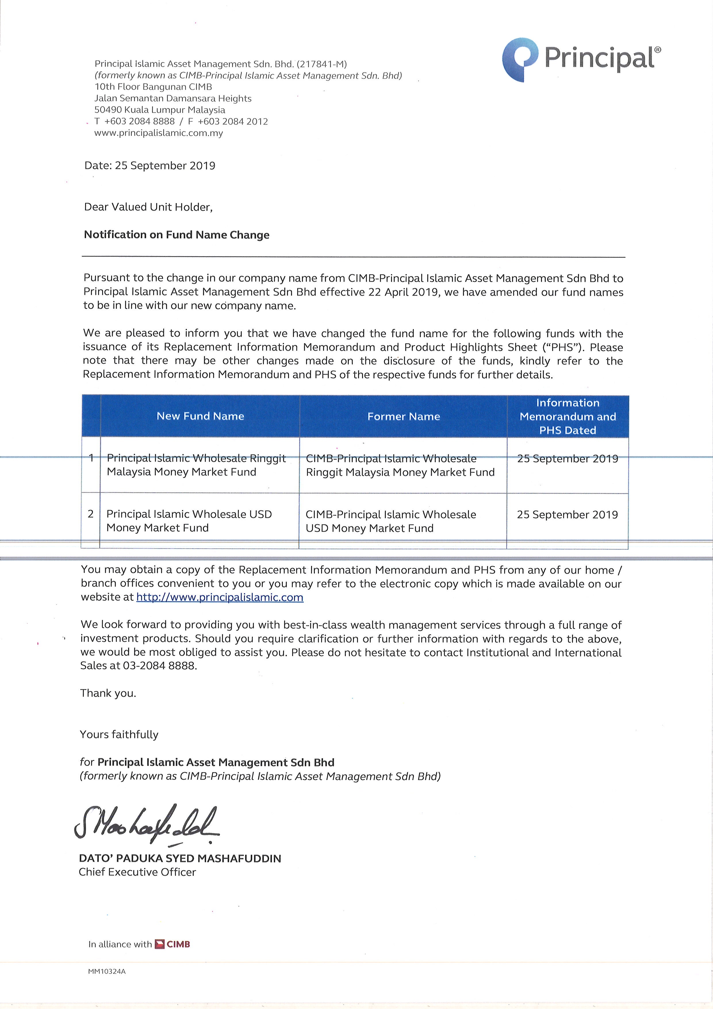 Notification on Fund Name Change dated 25 September 2019 : Principal Islamic Wholesale Ringgit Malaysia Money Market Fund and Principal Islamic Wholesale USD Money Market Fund